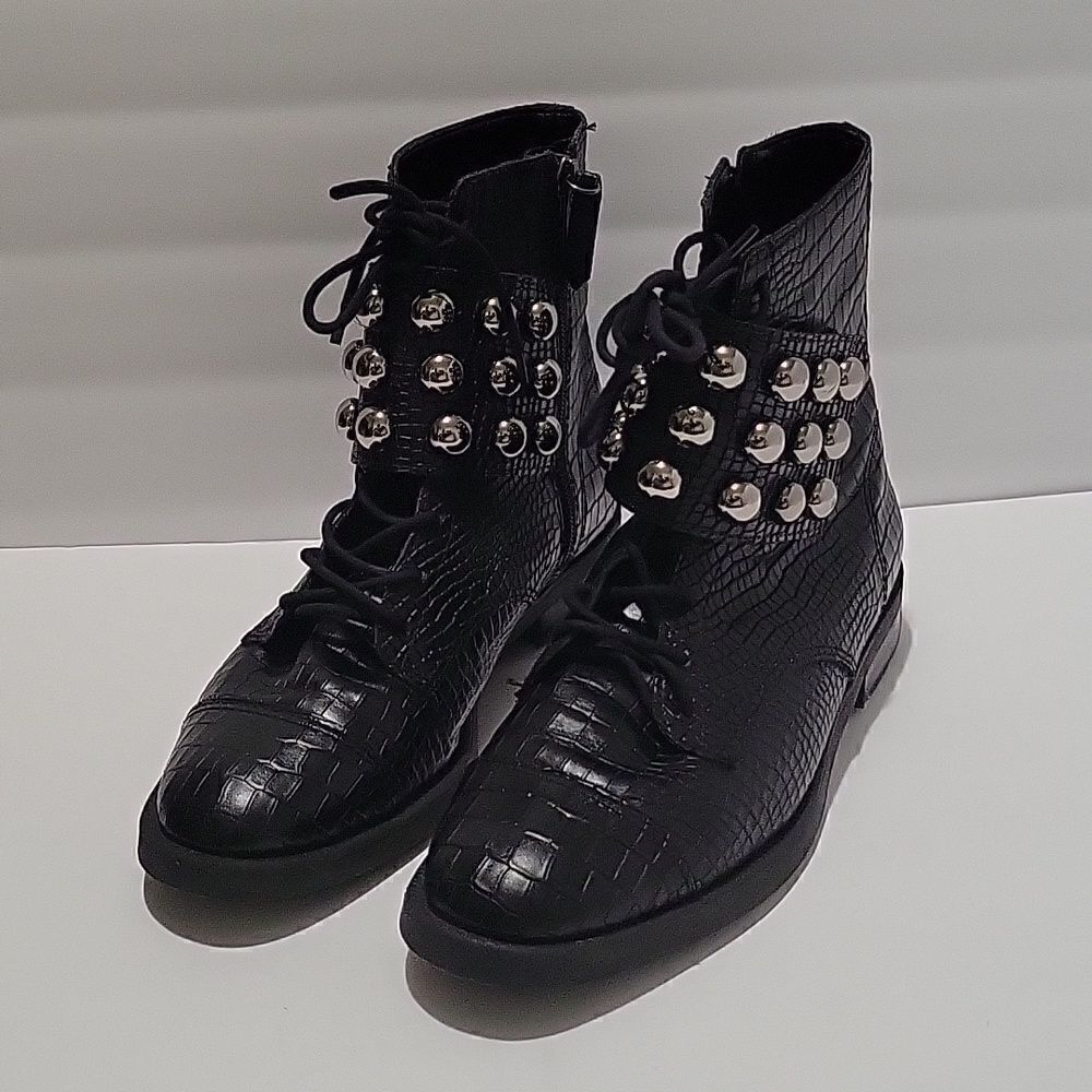 Schutz Croc Embossed Studded Lace Up Boots